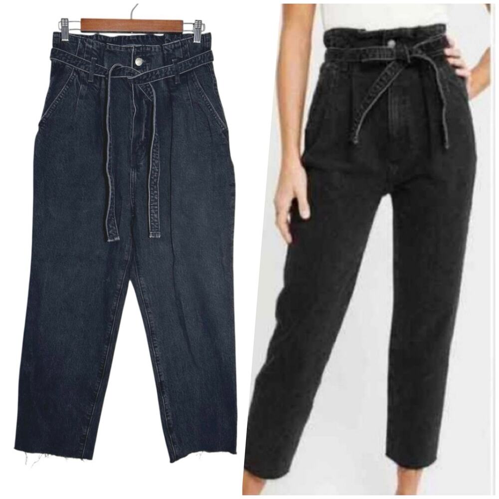 Abercrombie & Fitch | Women | Black Belted Paper Bag Cropped Mom Jeans | Size 28